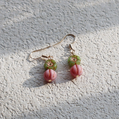 Floral Beaded Earrings – Pink Flowers and Green Beads