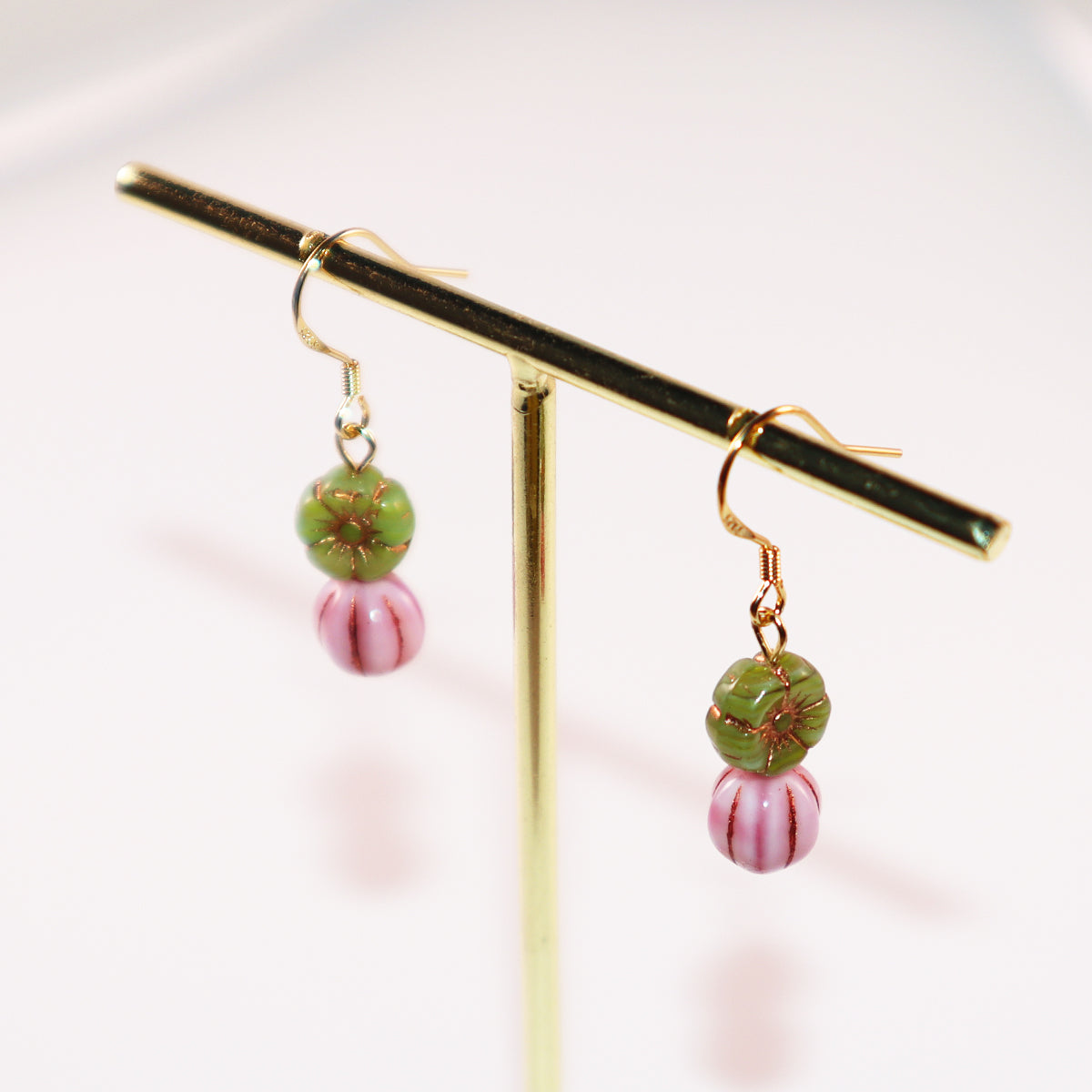 Floral Beaded Earrings – Pink Flowers and Green Beads
