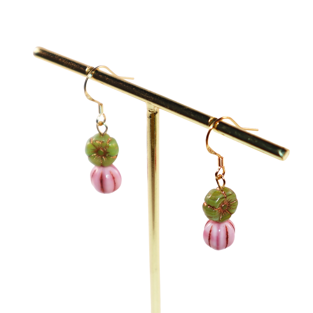 Floral Beaded Earrings – Pink Flowers and Green Beads