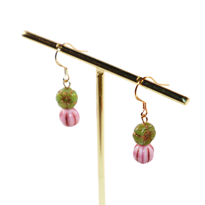 Floral Beaded Earrings – Pink Flowers and Green Beads
