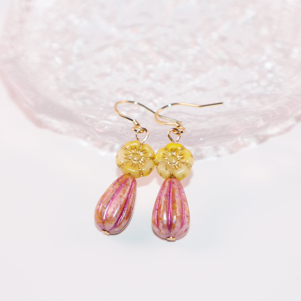 Floral Beaded Earrings – Yellow and Pink Glass Beads