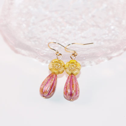 Floral Beaded Earrings – Yellow and Pink Glass Beads