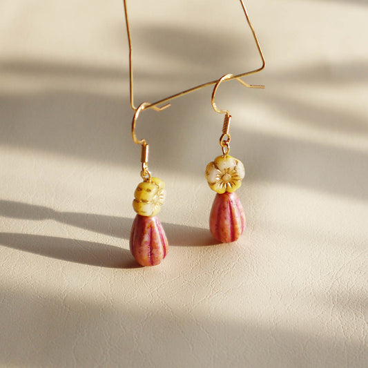 Floral Beaded Earrings – Yellow and Pink Glass Beads