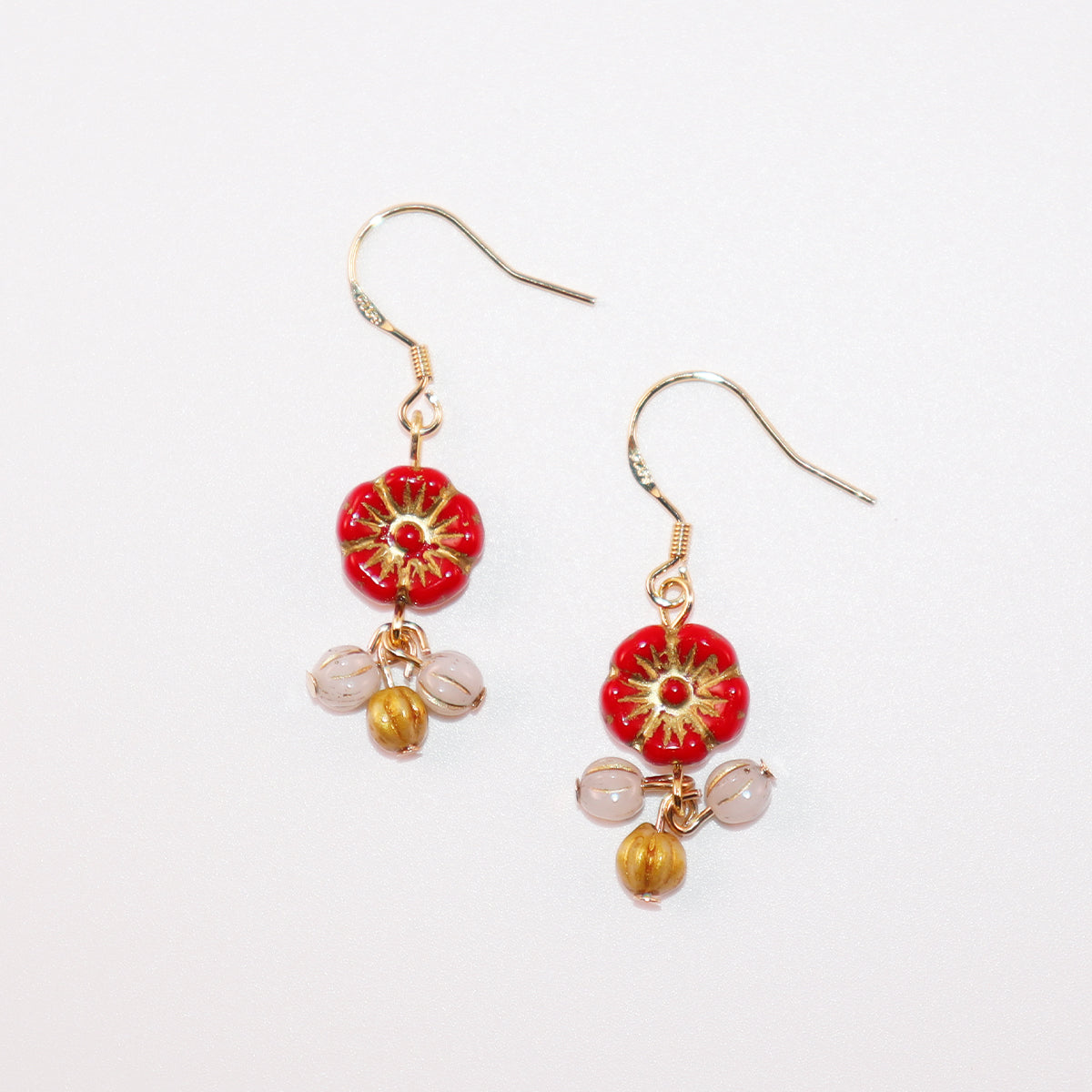 Floral Drop Earrings – Red Flower with White and Gold Beads