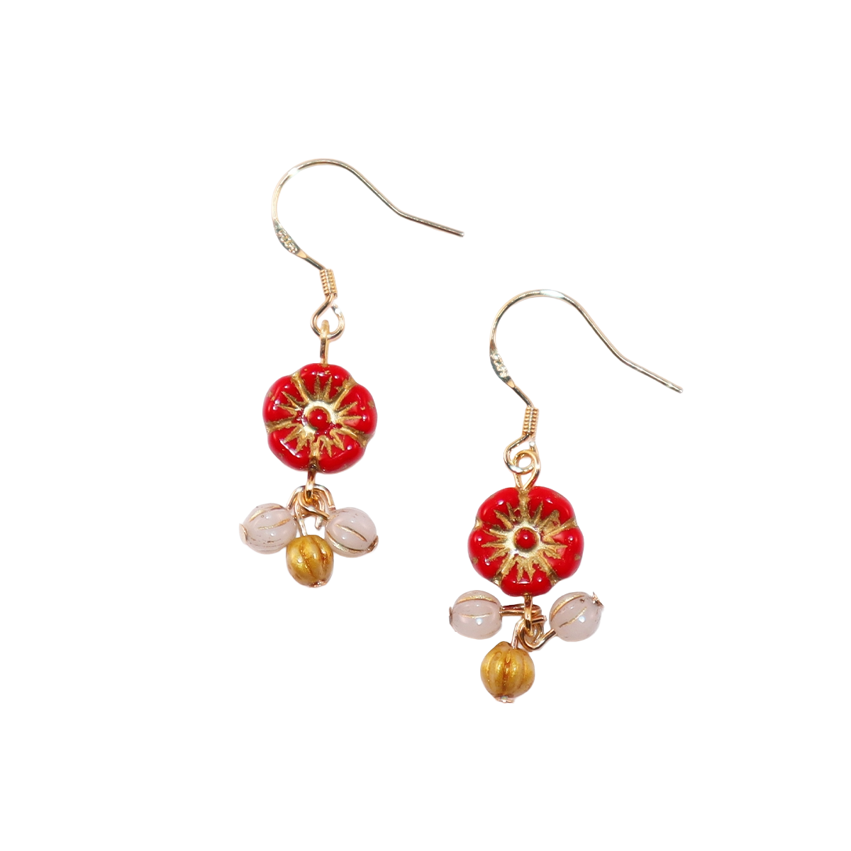 Floral Drop Earrings – Red Flower with White and Gold Beads