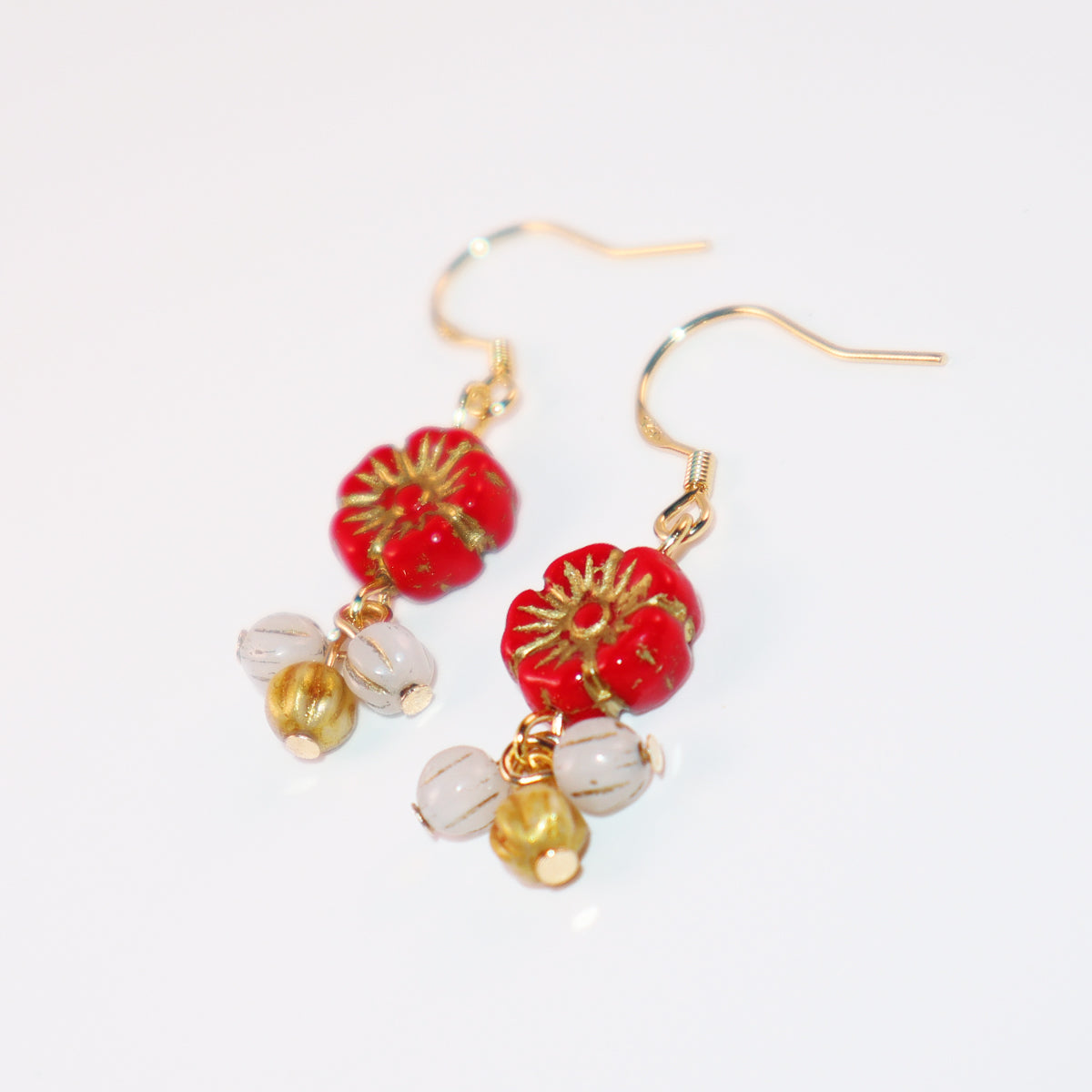 Floral Drop Earrings – Red Flower with White and Gold Beads
