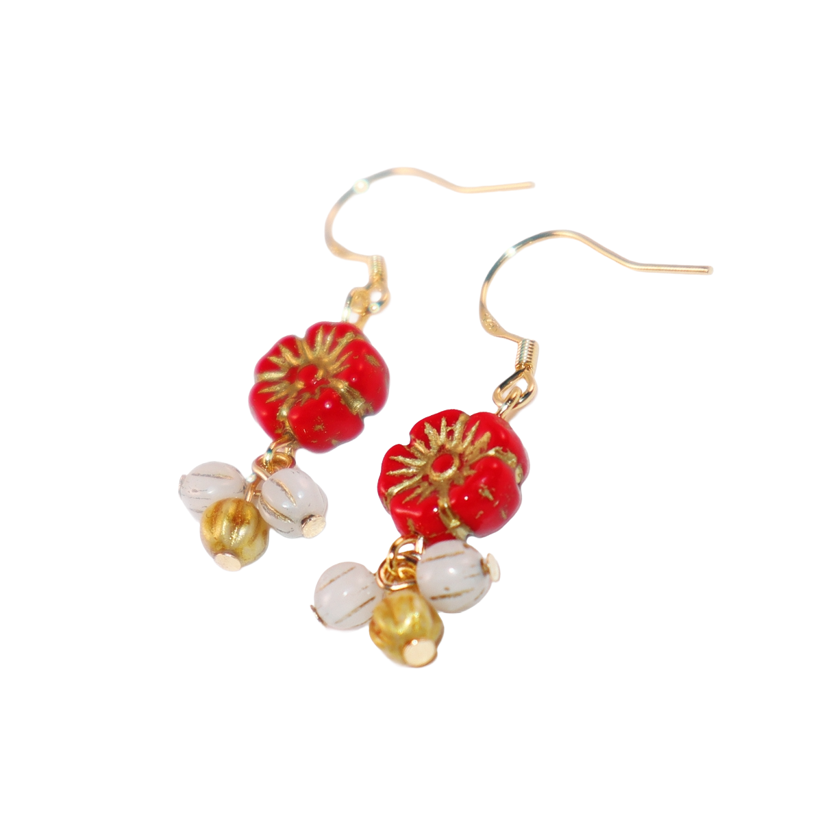 Floral Drop Earrings – Red Flower with White and Gold Beads
