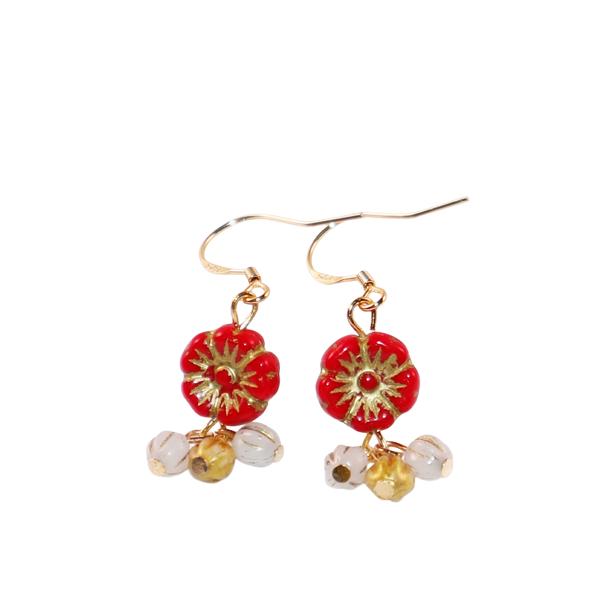 Floral Drop Earrings – Red Flower with White and Gold Beads