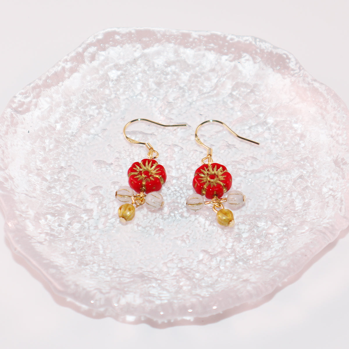 Floral Drop Earrings – Red Flower with White and Gold Beads