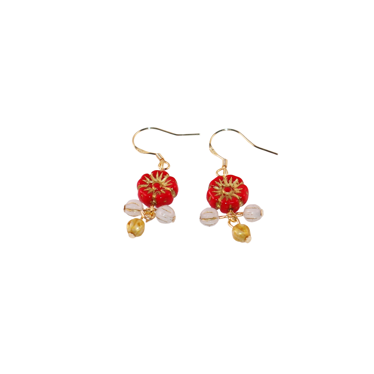 Floral Drop Earrings – Red Flower with White and Gold Beads