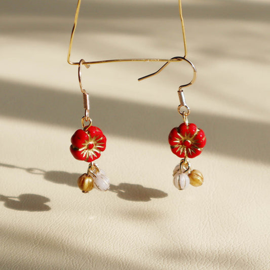Floral Drop Earrings – Red Flower with White and Gold Beads