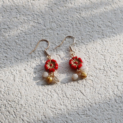 Floral Drop Earrings – Red Flower with White and Gold Beads