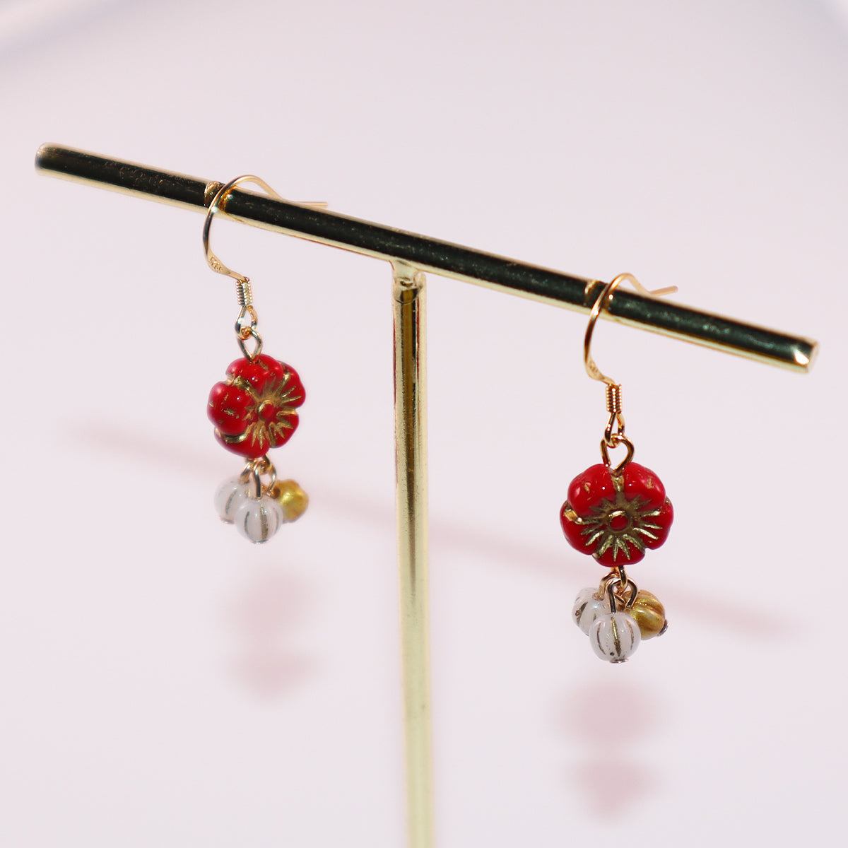 Floral Drop Earrings – Red Flower with White and Gold Beads