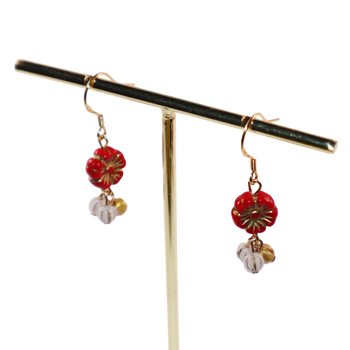 Floral Drop Earrings – Red Flower with White and Gold Beads