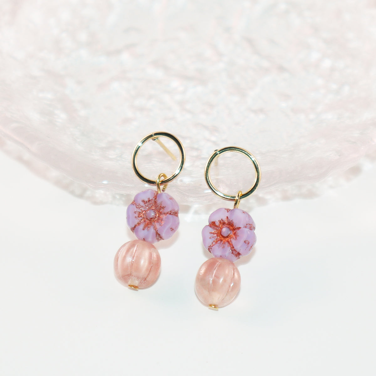 Flower Beaded Stud Earrings – Pink and Lilac Beads