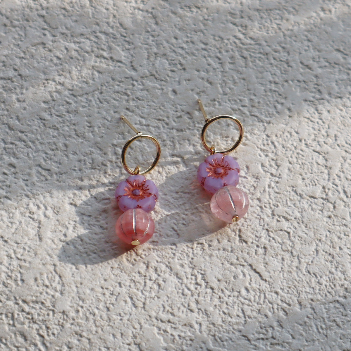 Flower Beaded Stud Earrings – Pink and Lilac Beads