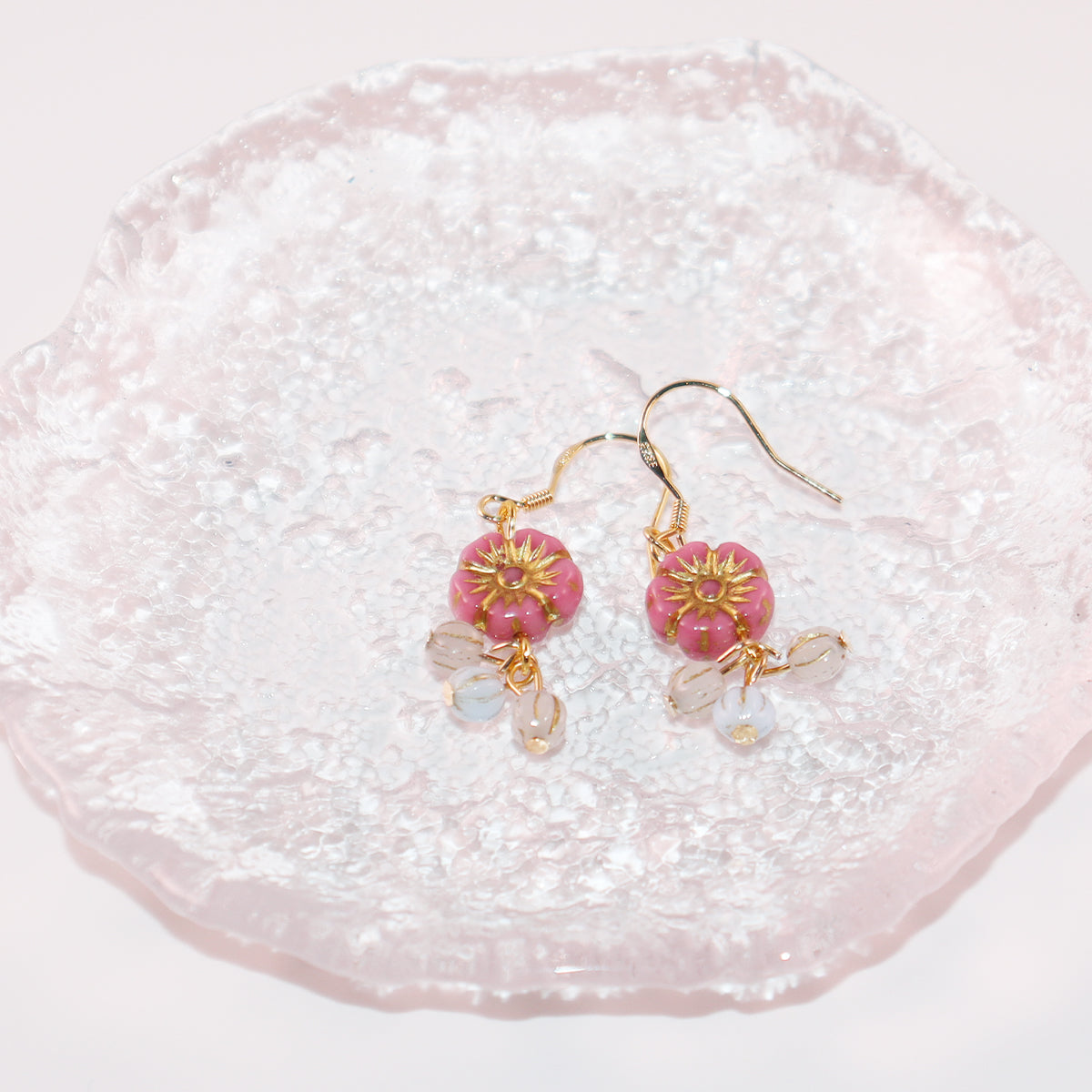 Flower Dangle Bead Earrings – Pink, Blue, and White Beads