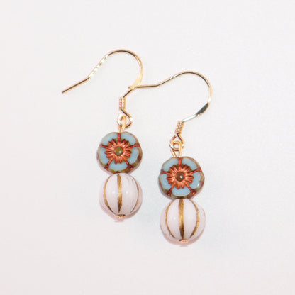 Floral Bead Earrings – Retro Flower and White Beads