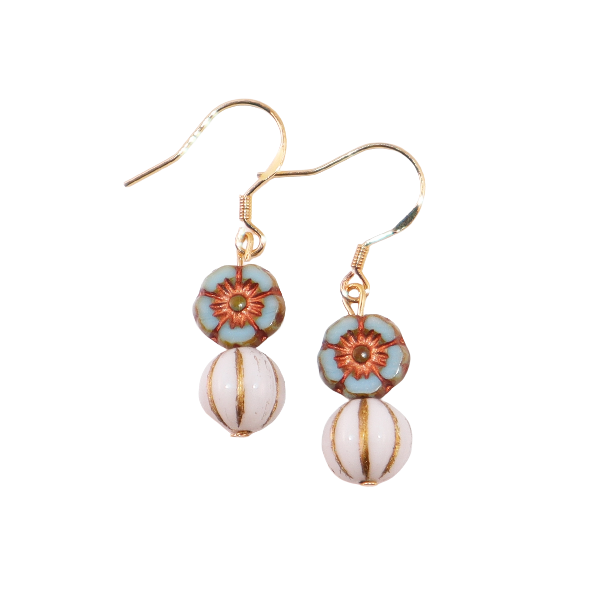 Floral Bead Earrings – Retro Flower and White Beads