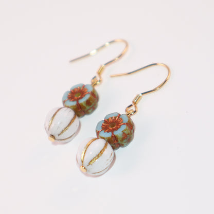 Floral Bead Earrings – Retro Flower and White Beads