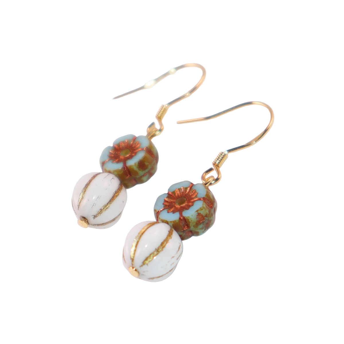 Floral Bead Earrings – Retro Flower and White Beads