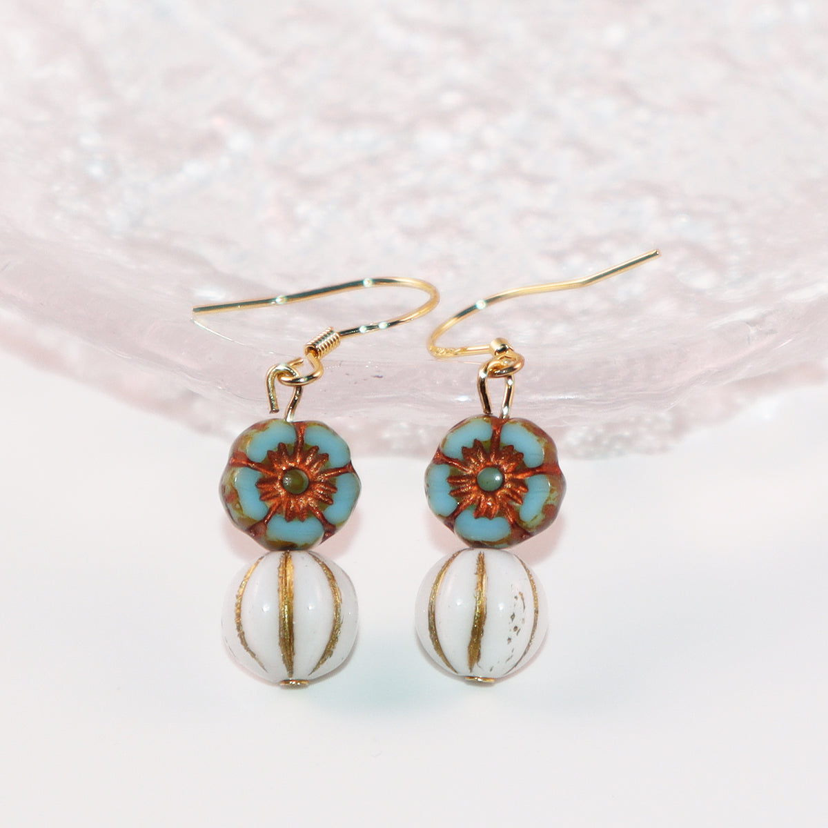 Floral Bead Earrings – Retro Flower and White Beads