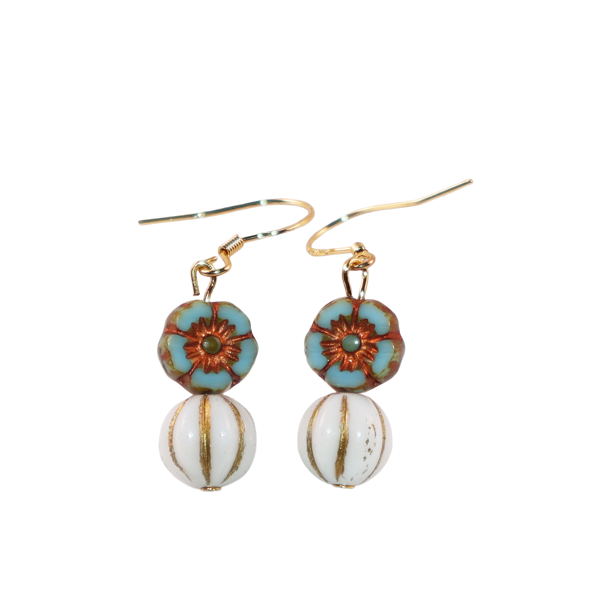Floral Bead Earrings – Retro Flower and White Beads
