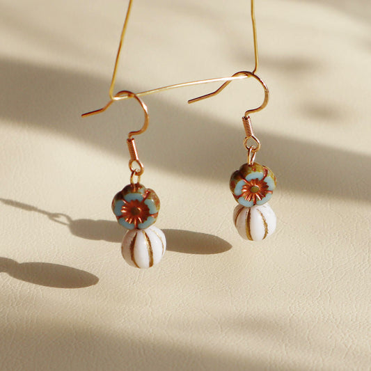 Floral Bead Earrings – Retro Flower and White Beads