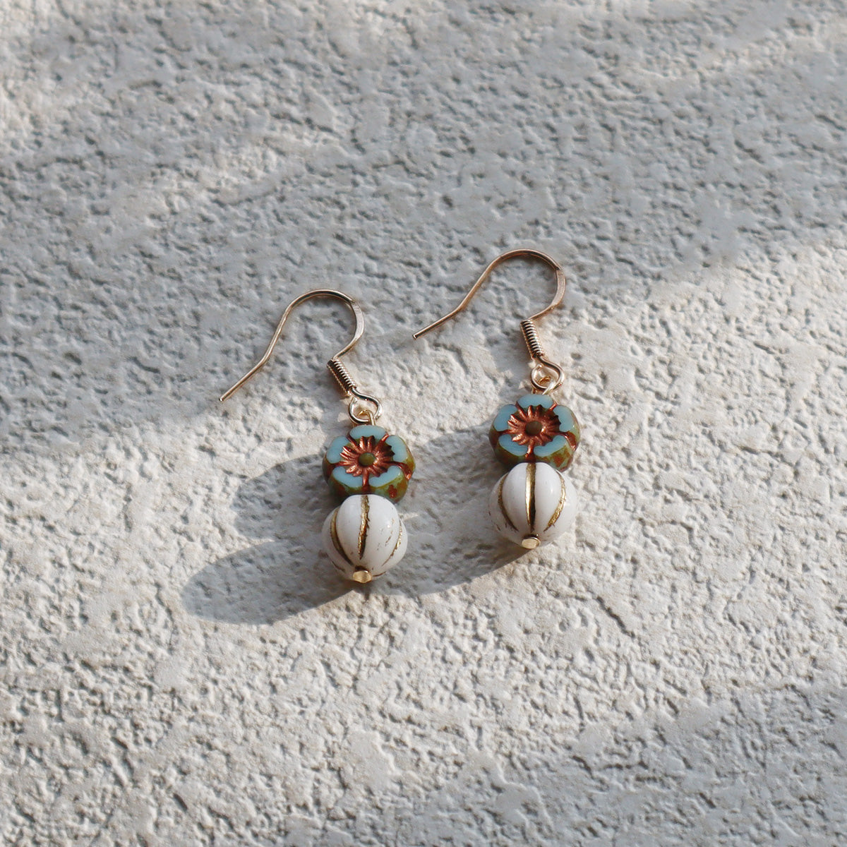 Floral Bead Earrings – Retro Flower and White Beads