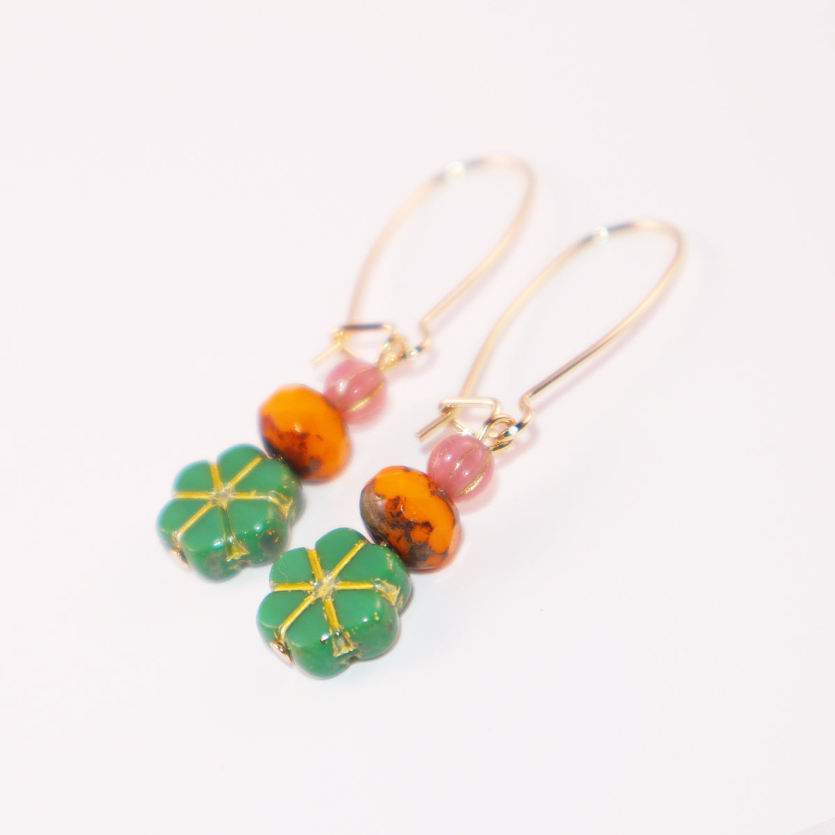 Green Floral Beaded Earrings – Orange and Pink Beads