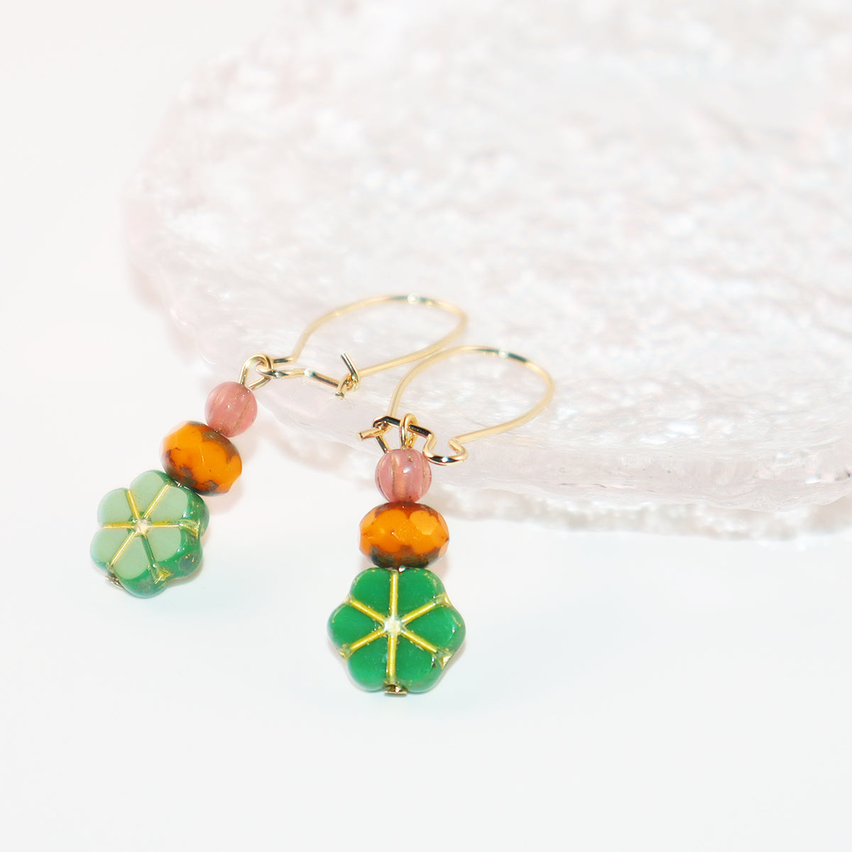 Green Floral Beaded Earrings – Orange and Pink Beads