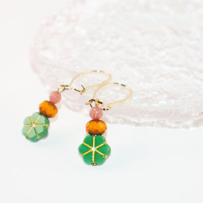 Green Floral Beaded Earrings – Orange and Pink Beads