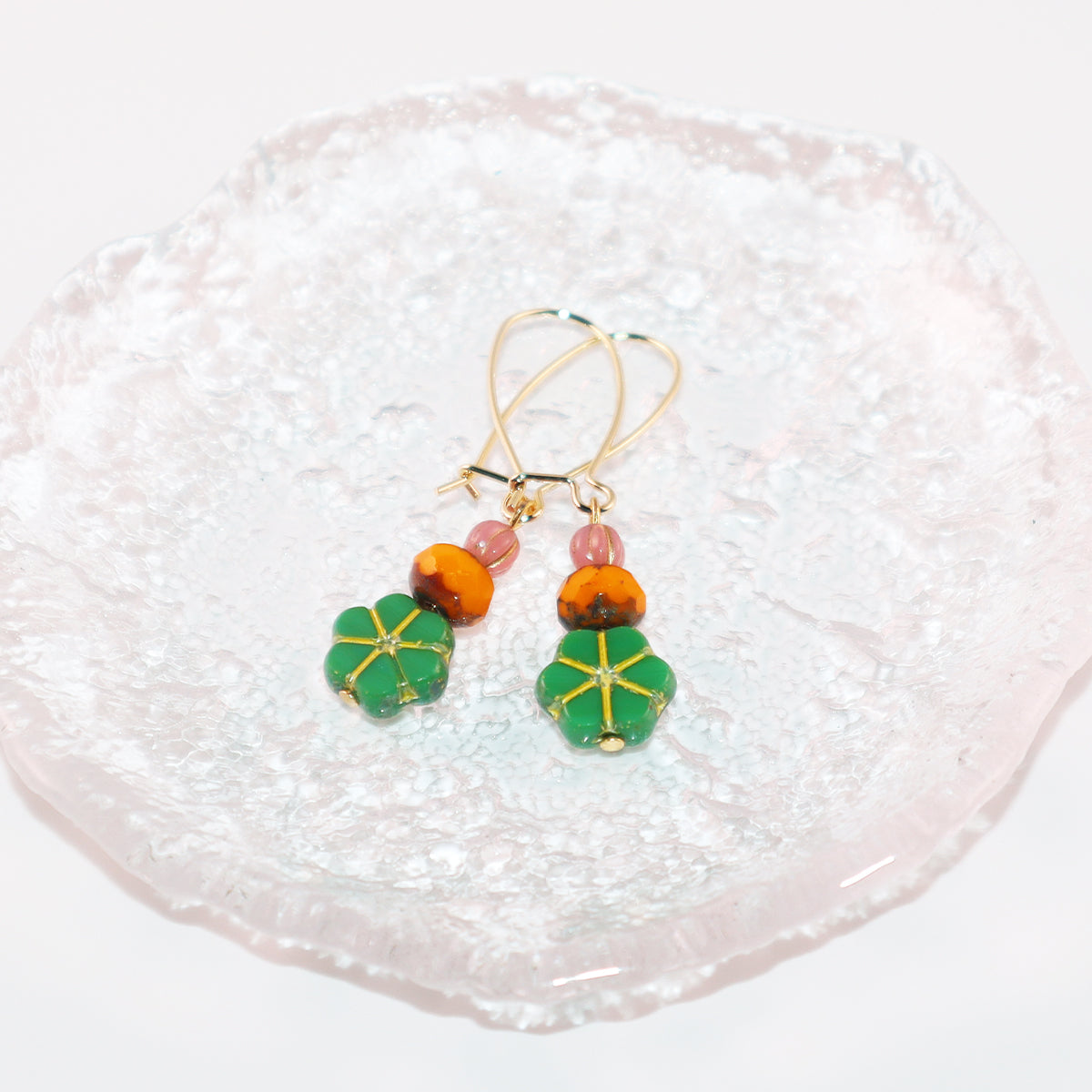 Green Floral Beaded Earrings – Orange and Pink Beads