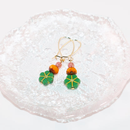 Green Floral Beaded Earrings – Orange and Pink Beads