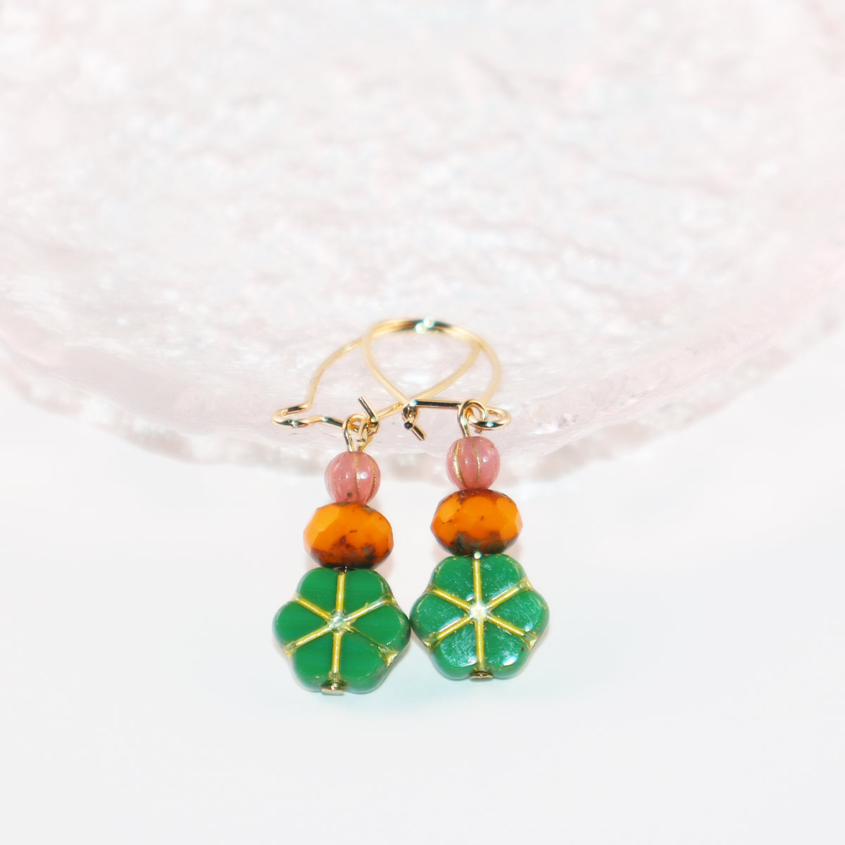Green Floral Beaded Earrings – Orange and Pink Beads