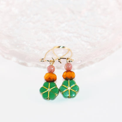 Green Floral Beaded Earrings – Orange and Pink Beads