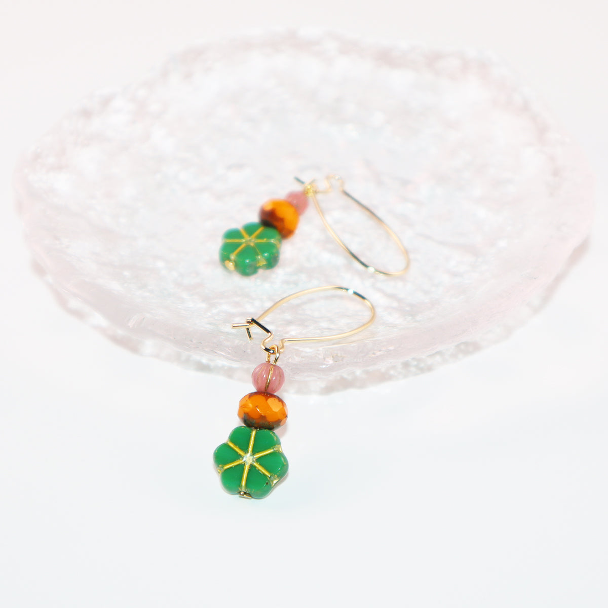 Green Floral Beaded Earrings – Orange and Pink Beads