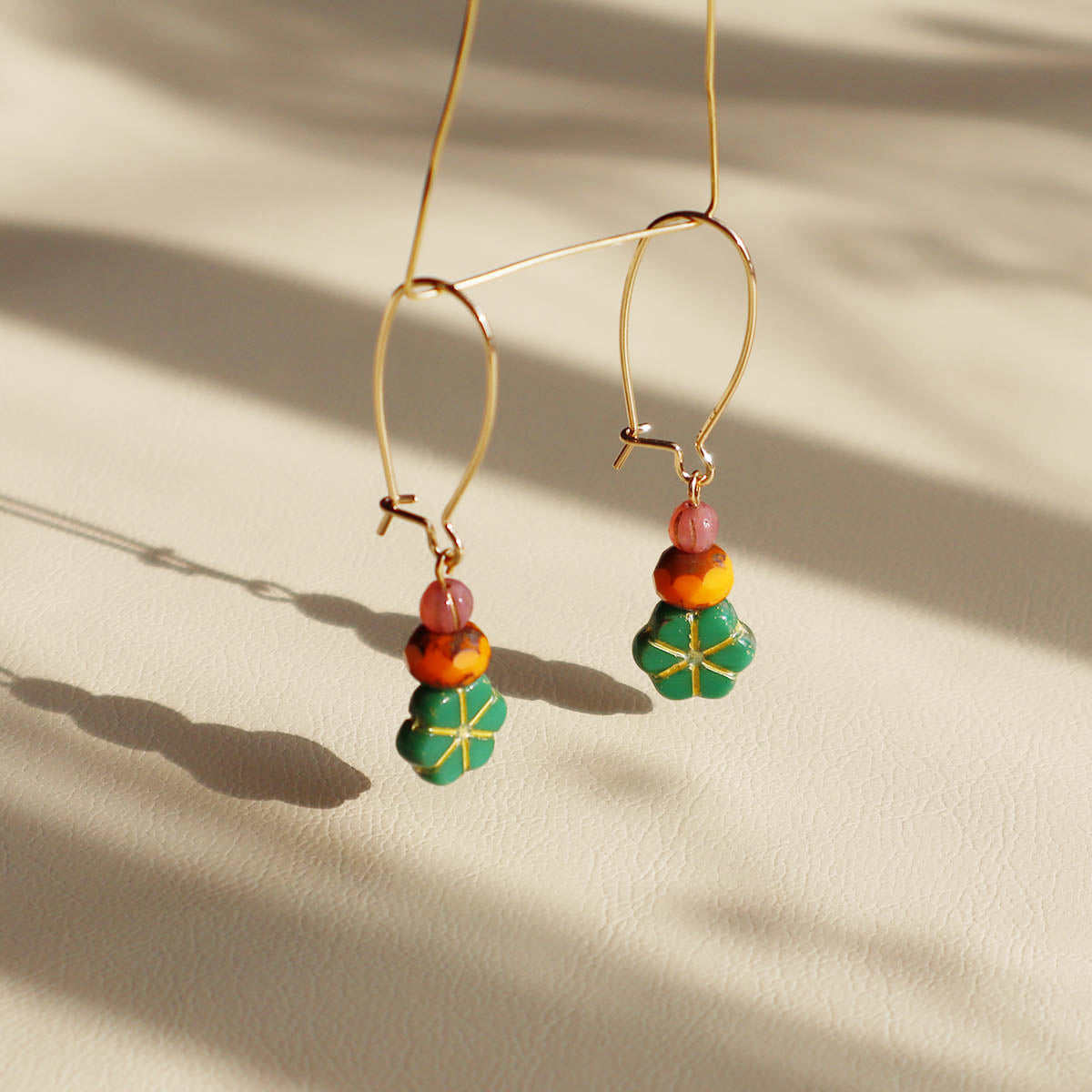Green Floral Beaded Earrings – Orange and Pink Beads