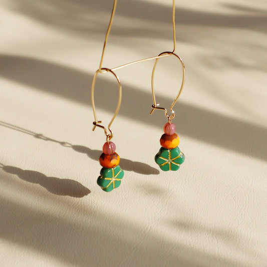 Green Floral Beaded Earrings – Orange and Pink Beads