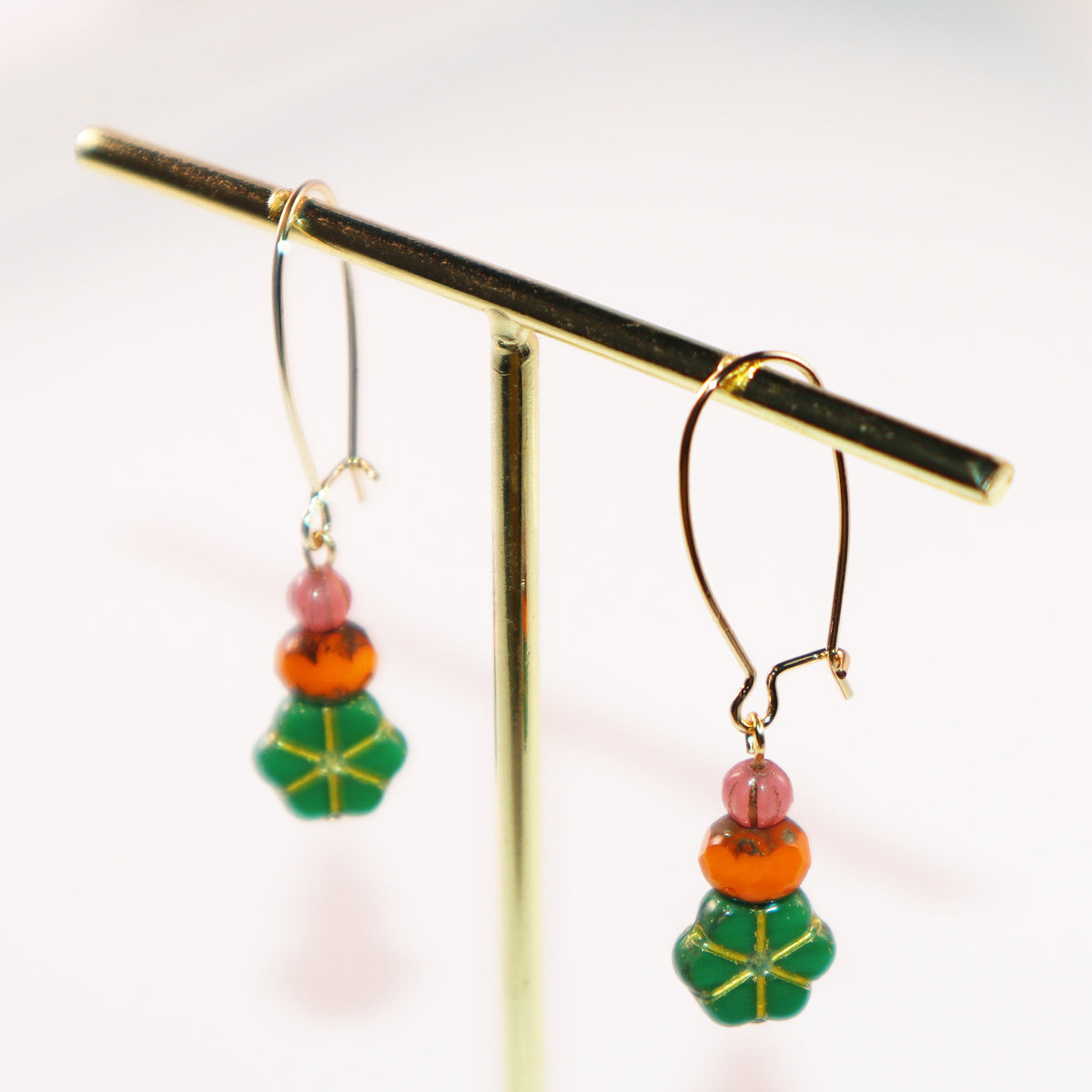 Green Floral Beaded Earrings – Orange and Pink Beads