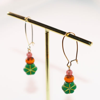 Green Floral Beaded Earrings – Orange and Pink Beads