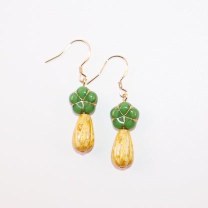 Green Flower Beaded Earrings – Green and Yellow Beads
