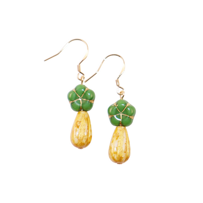 Green Flower Beaded Earrings – Green and Yellow Beads