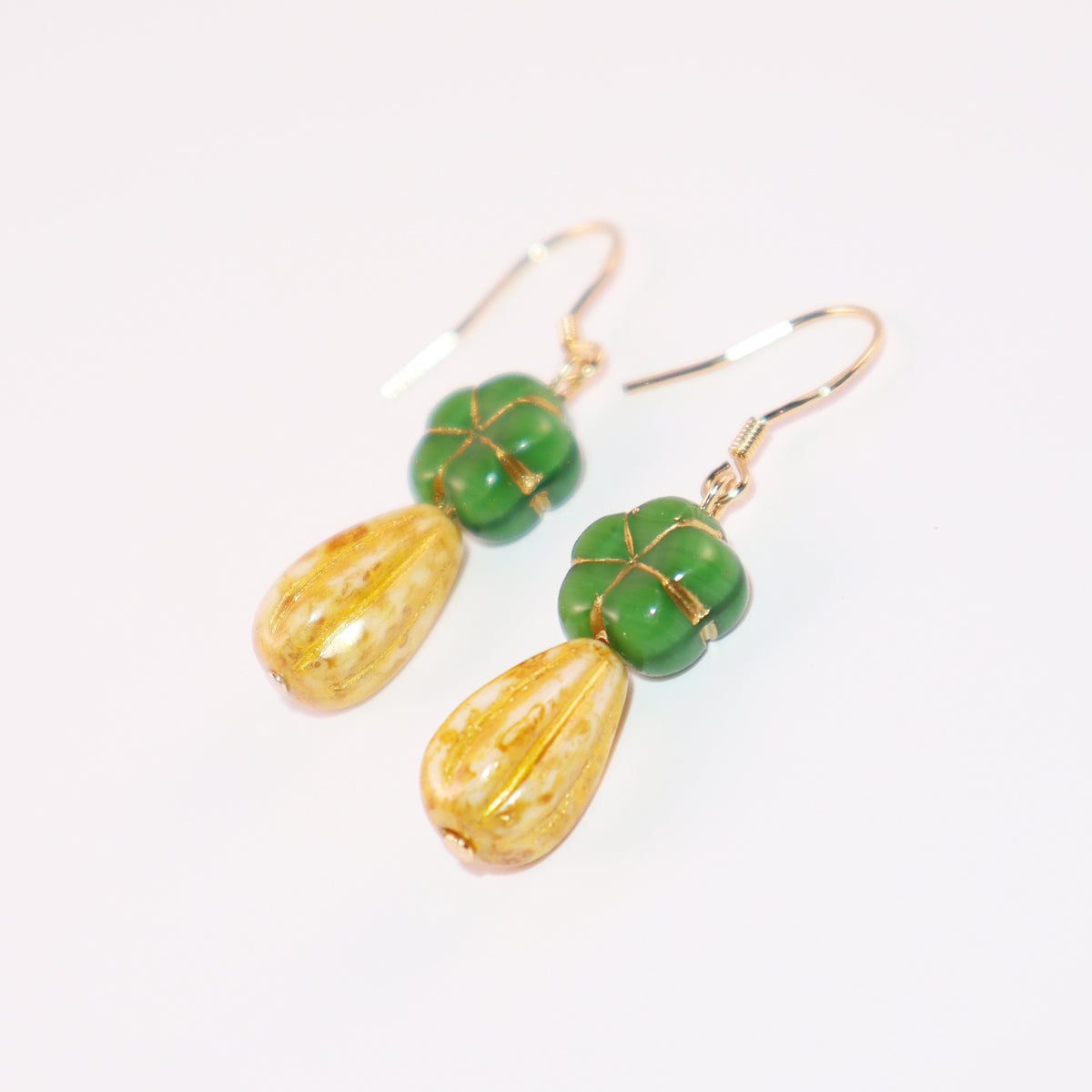 Green Flower Beaded Earrings – Green and Yellow Beads