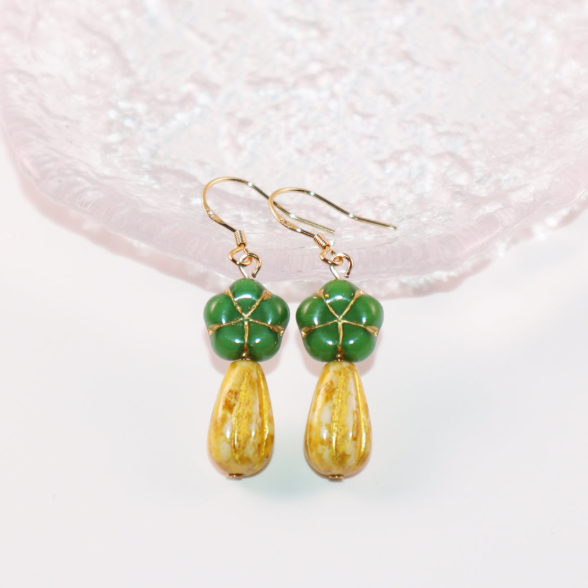 Green Flower Beaded Earrings – Green and Yellow Beads
