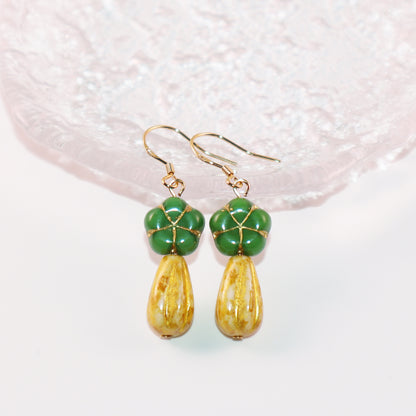 Green Flower Beaded Earrings – Green and Yellow Beads