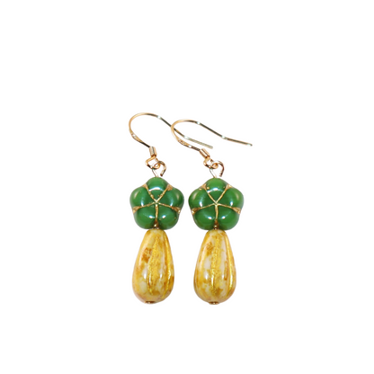 Green Flower Beaded Earrings – Green and Yellow Beads