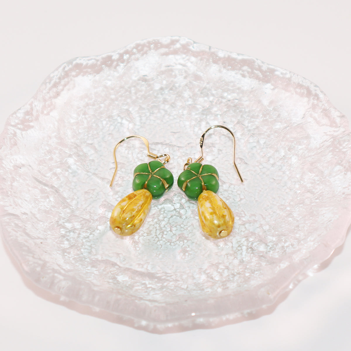 Green Flower Beaded Earrings – Green and Yellow Beads