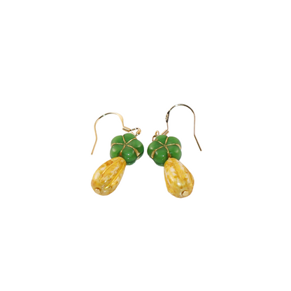 Green Flower Beaded Earrings – Green and Yellow Beads