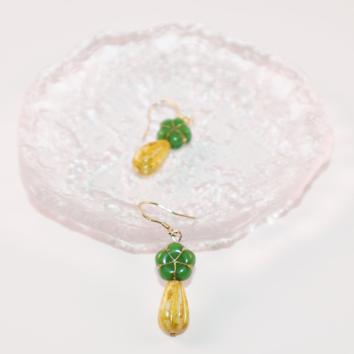 Green Flower Beaded Earrings – Green and Yellow Beads